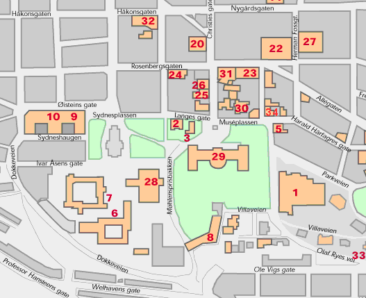 Map showing the location of HF-bygget on the UiB campus